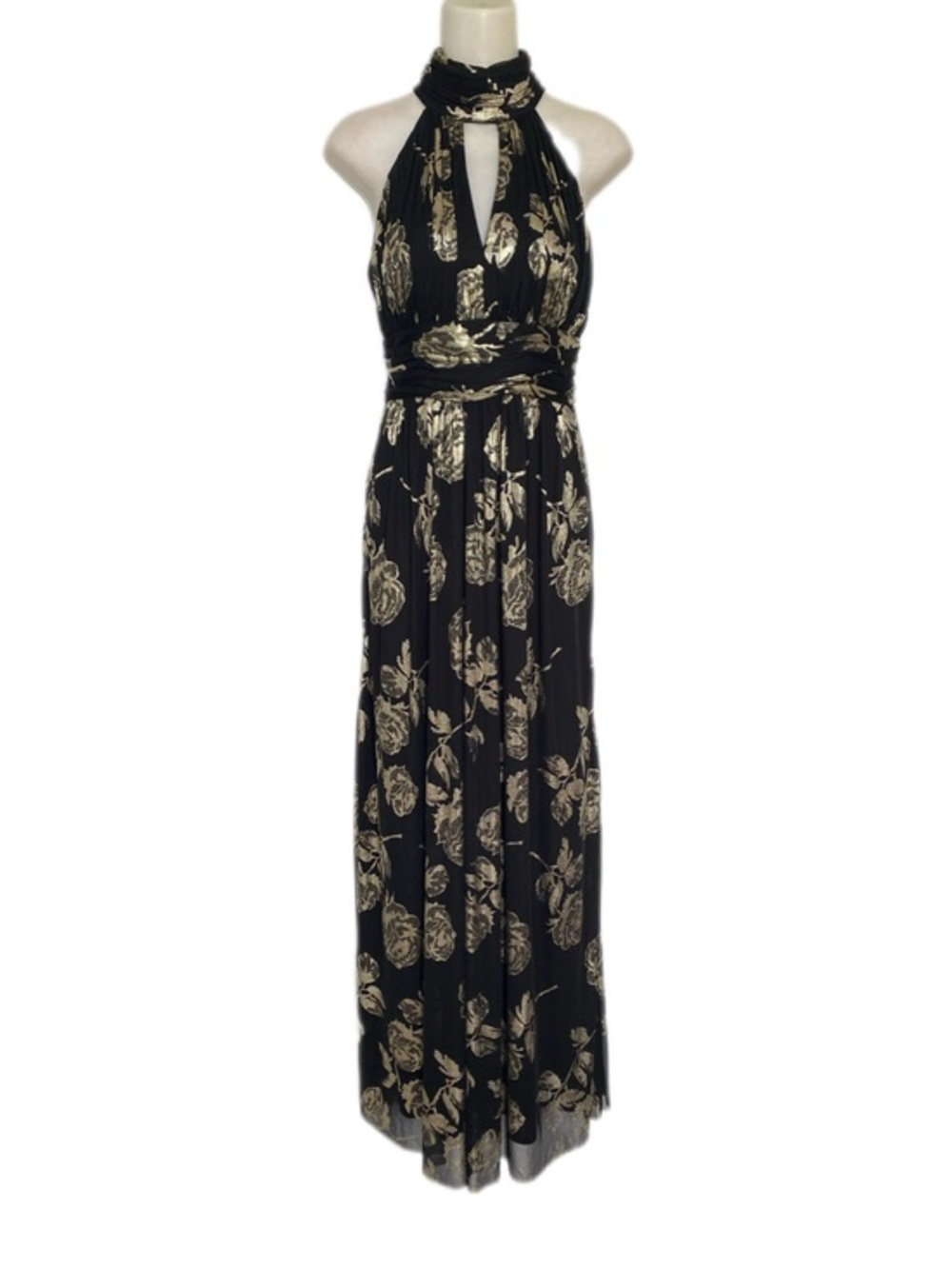 Jessica Howard black gold metallic rose floral halter keyhole evening gown 6